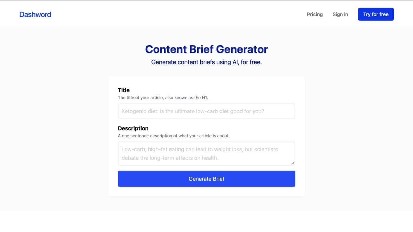 Free Content Brief Generator by Dashword
