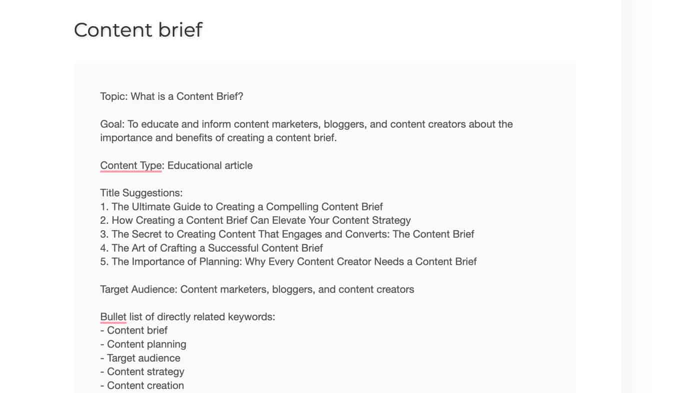 Free Content Brief Generator Output by SEO Review Tools
