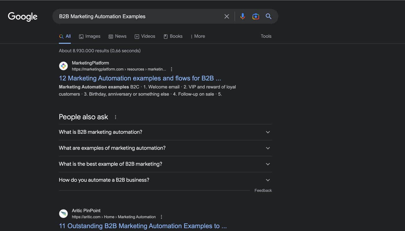 B2B Marketing Automation Examples - Google SERP