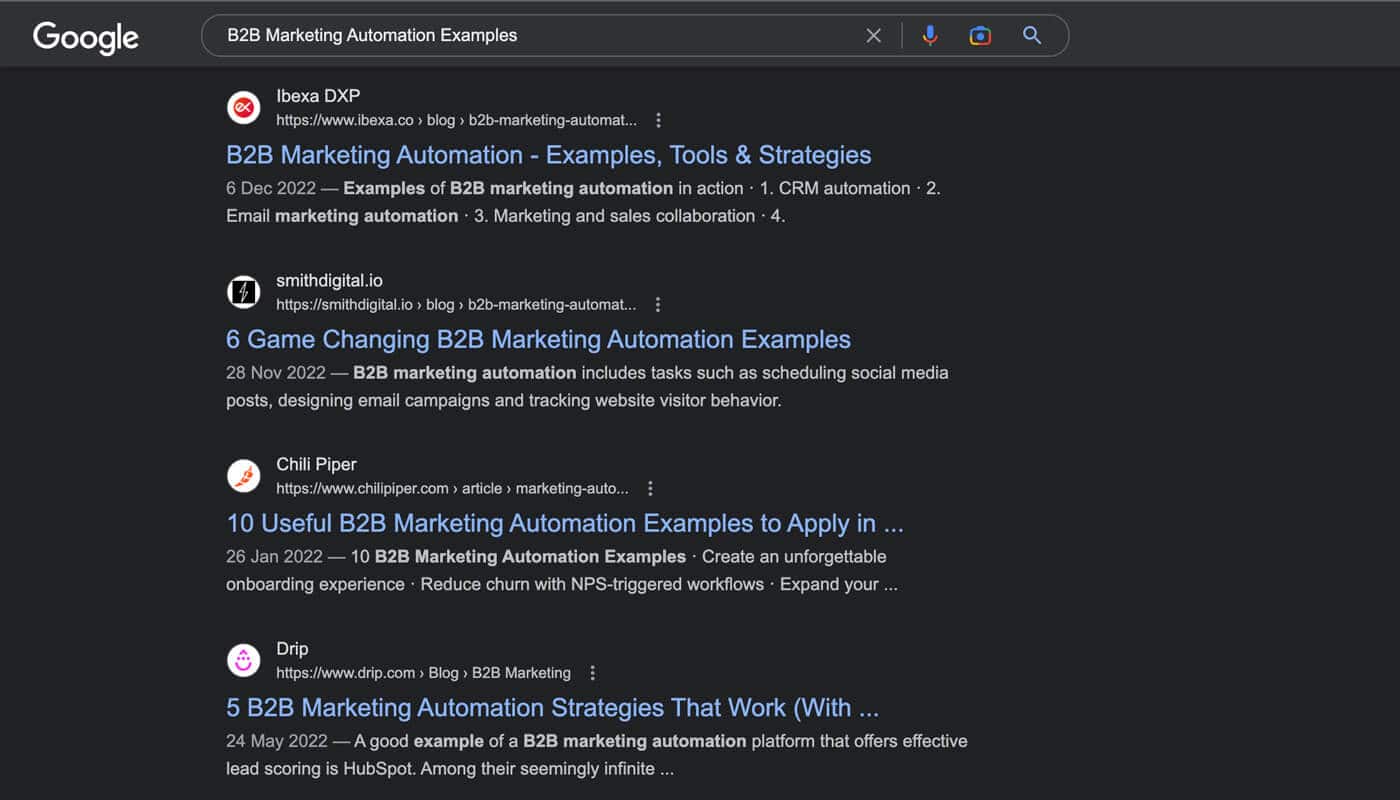 B2B Marketing Automation Examples - Google SERP