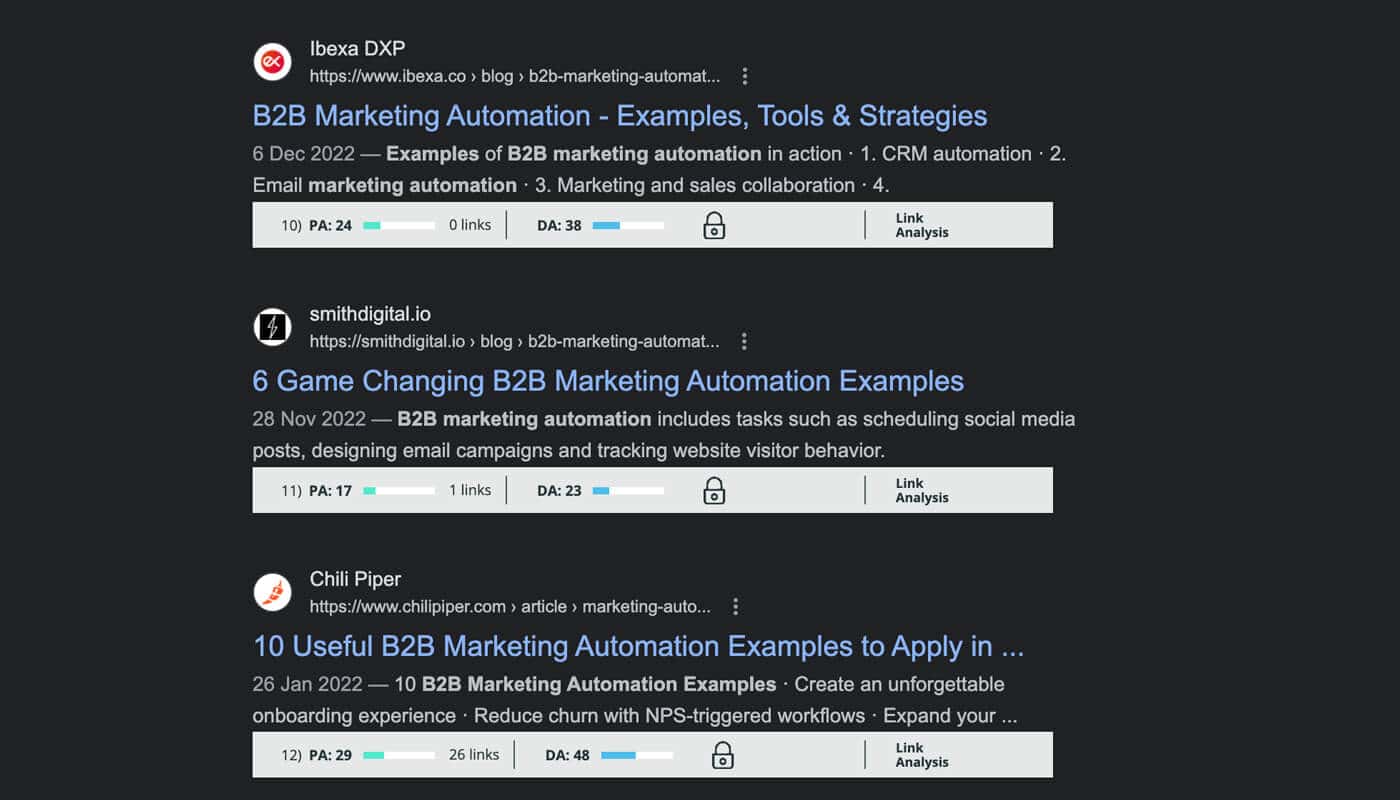 B2B Marketing Automation Examples - Google SERP DA Metric