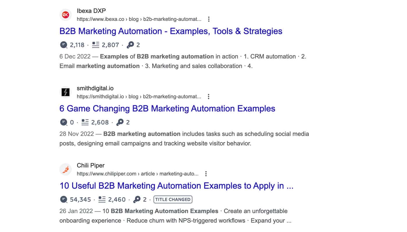 B2B Marketing Automation Examples - Google SERP - Word Count