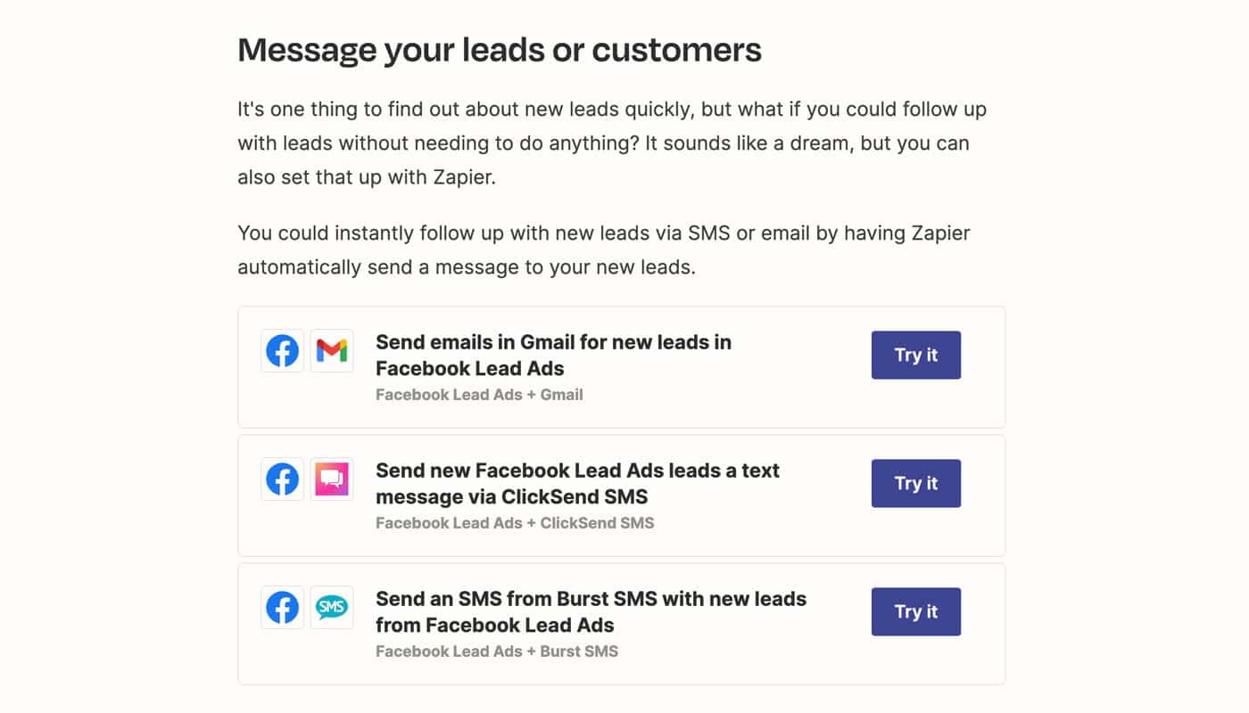 Zapier Call to Action (CTA) Section With Message Automation Examples