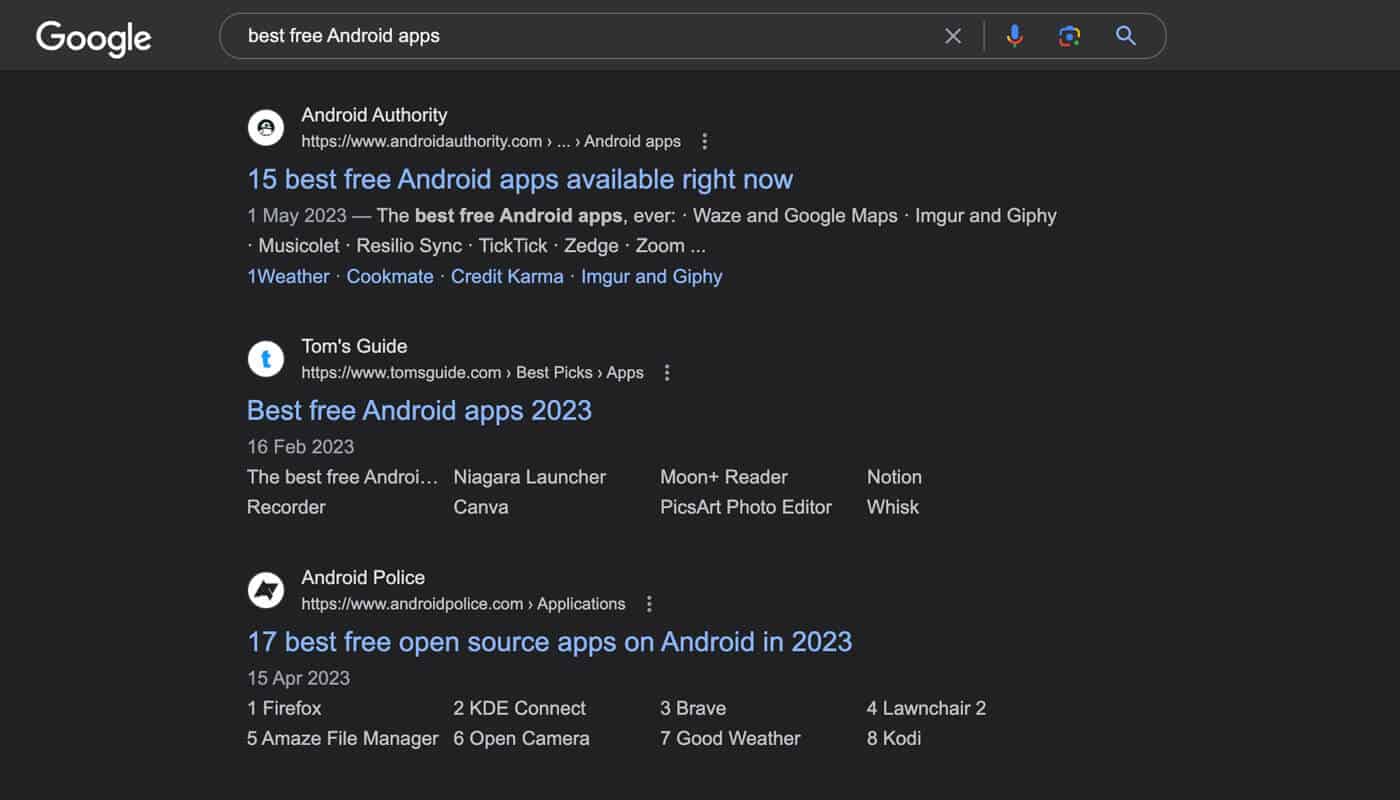 Best free Android apps - Google SERP