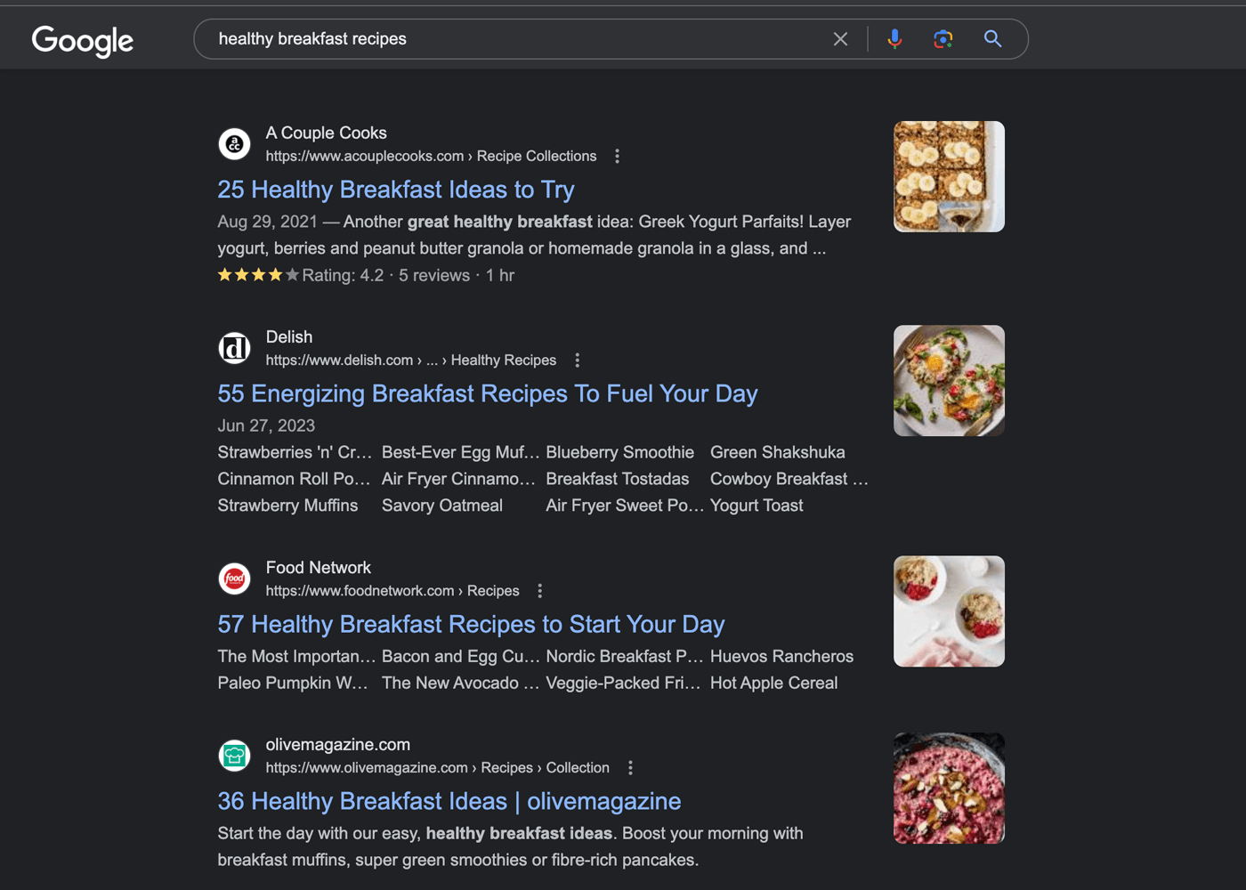Google SERP - healthy breakfast recipes
