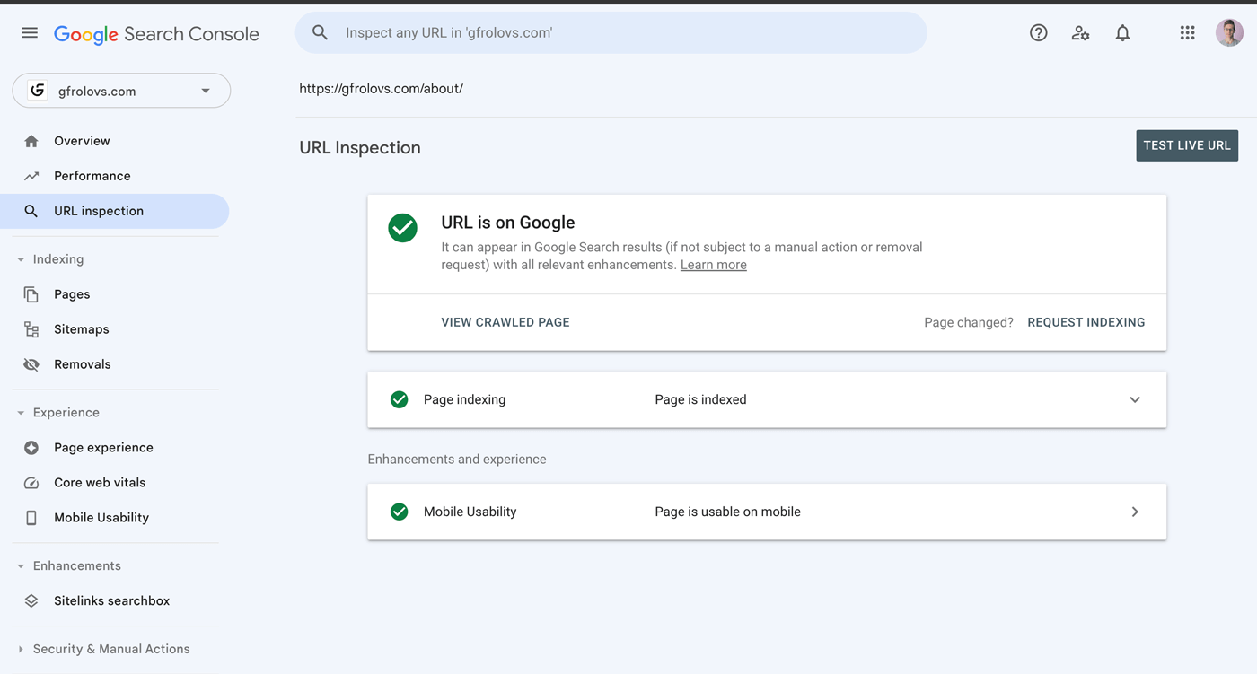 Google search console - URL inspection