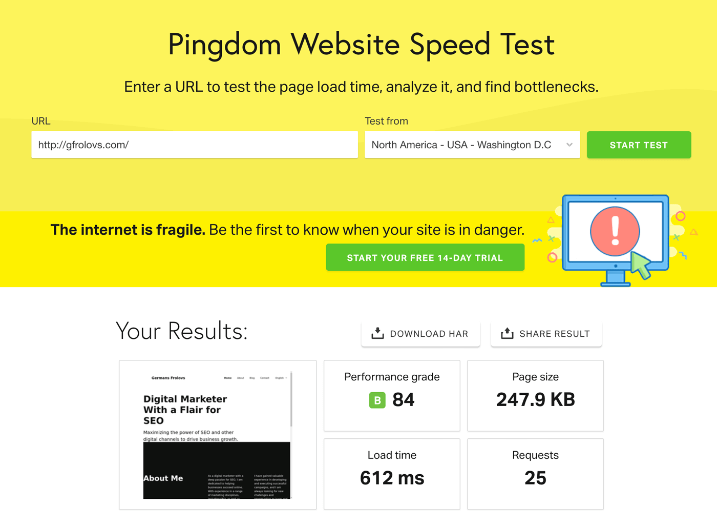 Pingdom Website Speed Test Results